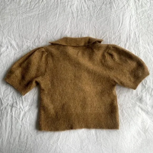 Doen Mila Alpaca Wool Button Collar Puff Short Sleeve Knit Sweater Top Hazelnut - Picture 9 of 14